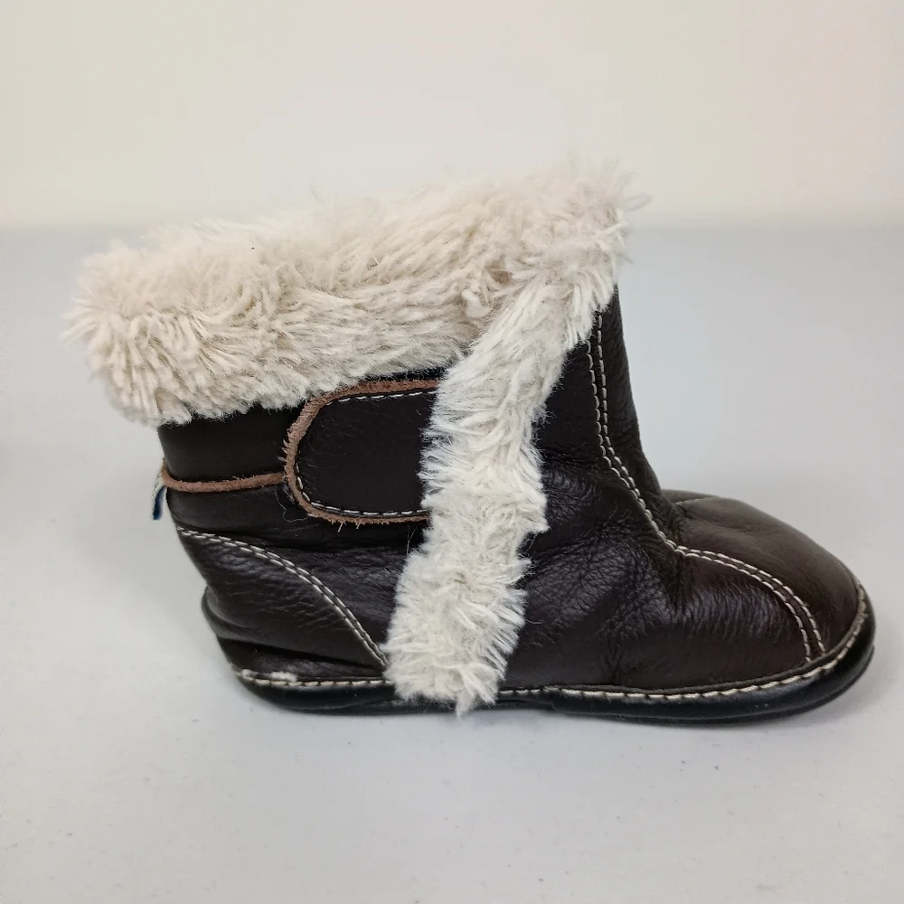 Jack Lilly Leather Moccasin Boots 18-24M Brown Sherpa Slip On Hook Loop Closure